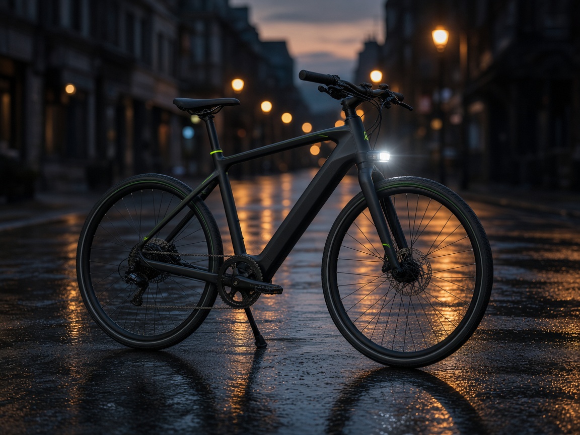 Electric commuter bike on a city street at dusk